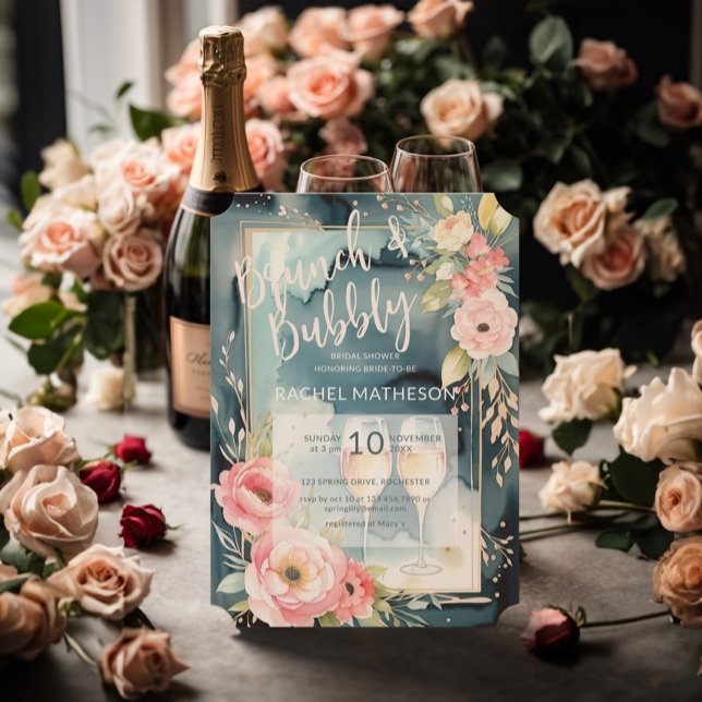 Brautparty Einladung (Brunch and bubby bridal shower invitation featuring watercolor floral and champagne glasses.)