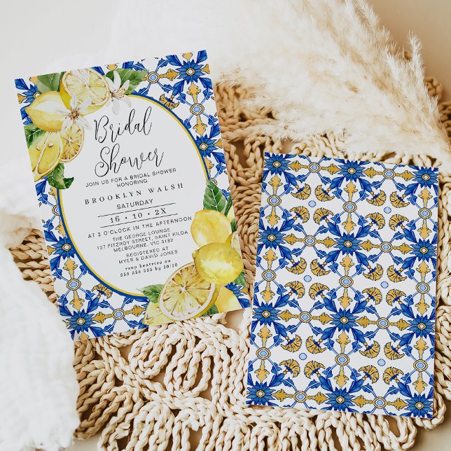Brautparty Einladung (Blue and Yellow Lemon Bridal Shower Invitation Template easy to edit designed by Fig tree Design.)