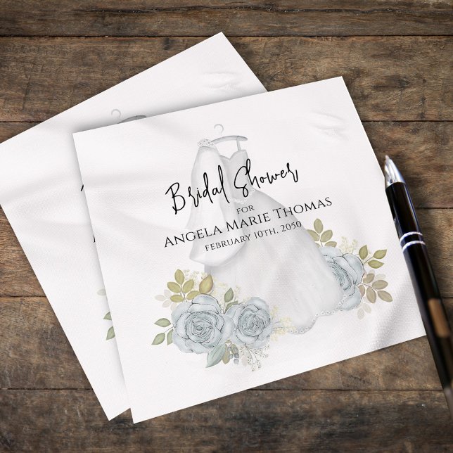 Brautparty Elegant Calligraphy Blue Floral Serviette (Bridal shower custom cocktail napkins with blue floral roses. )