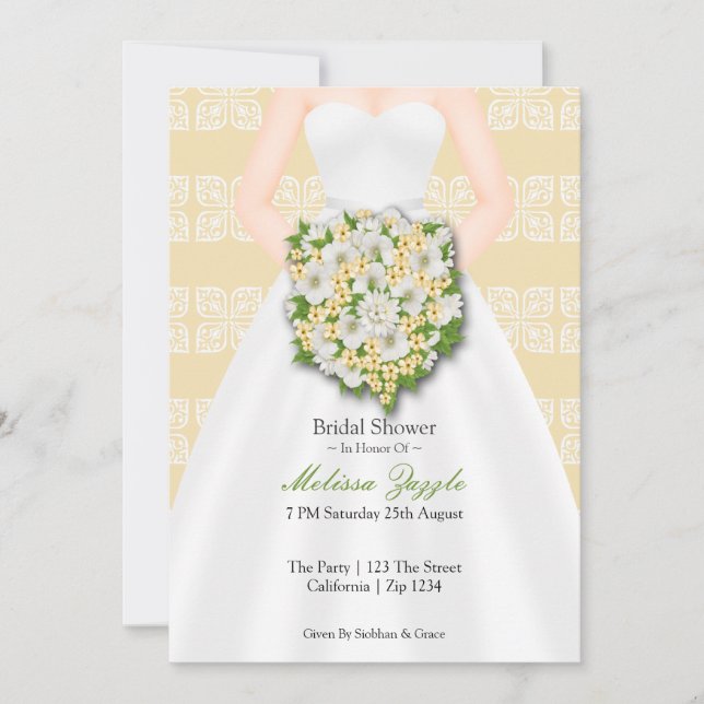 Brautparty Elegant Hochzeitskleid Gelbe Blumen Einladung (Vorderseite)
