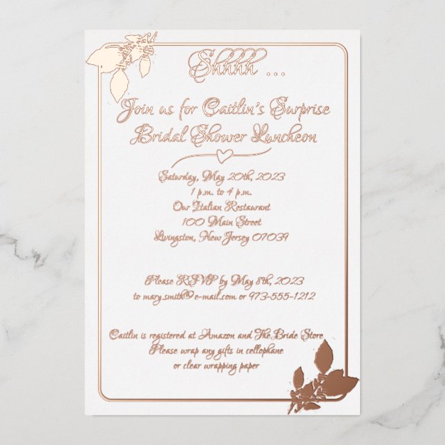 Brautparty, elegant weiß, Rose Gold Folieneinladung (Vorderseite)