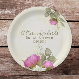 Brautparty Elegante Wasserfarbe Florale Pfingstros Pappteller