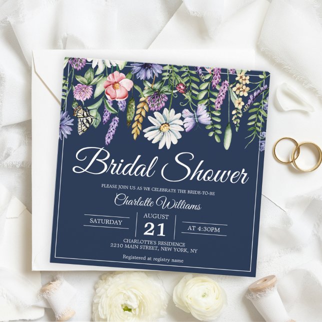 Brautparty Elegante Wildblumen Navy Blue Floral Einladung (Bridal Shower Elegant Wildflowers Navy Blue Floral Invitation
)