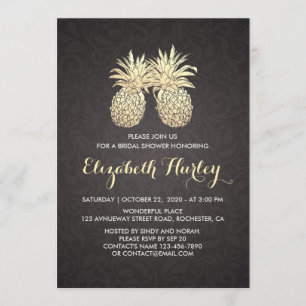Brautparty Elegantes Schwarzes Gold Ananas Paar Einladung