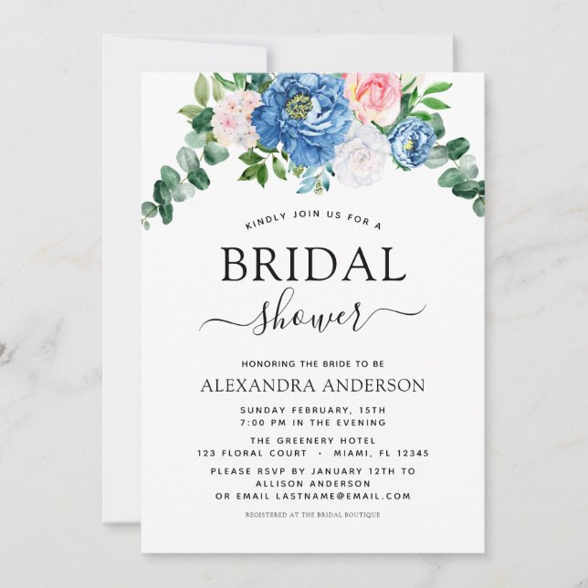 Brautparty Eukalyptus Blau Rosa Einladung (Vorderseite)