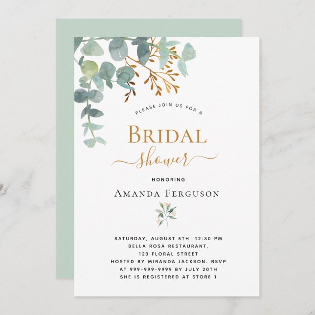 Brautparty Eukalyptus grün Gold Moderne Einladung (Vorne/Hinten)