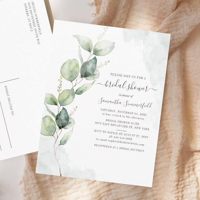 Brautparty Eukalyptus Script floral Einladungspostkarte (Minimalist Eucalyptus Bridal Shower Invitation Postcard)