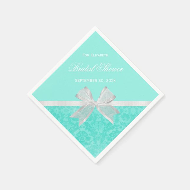 Brautparty Favor Chic Aqua Damask White Bow Serviette (Ecke)