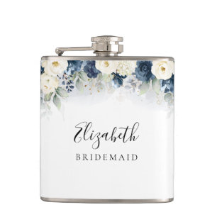 Brautparty-Flasche in Marineblau und weißen Rosen Flachmann