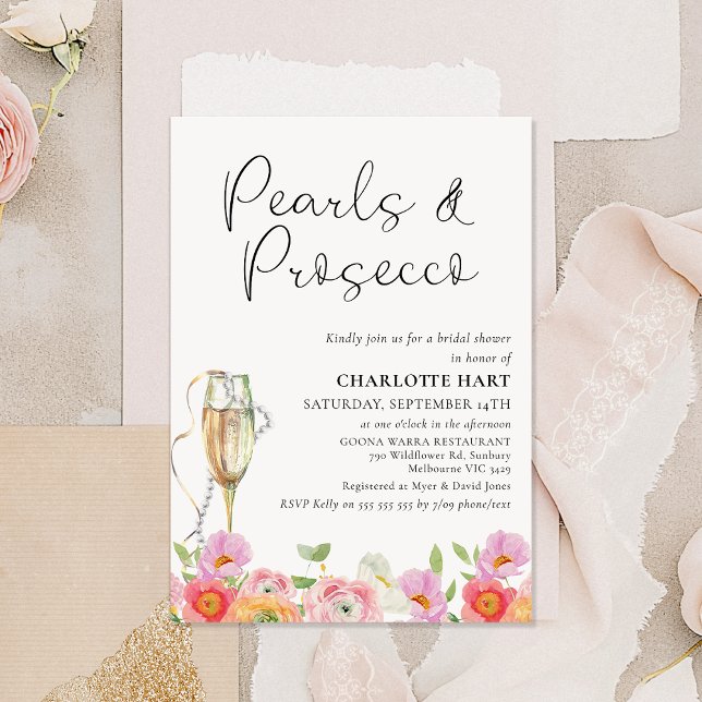 Brautparty Floral Multicolored Pearls Prosecco Einladung (Pearls and Prosecco Bridal Shower Invitation Template Bright Floral, String Pearls Champagne Glass)