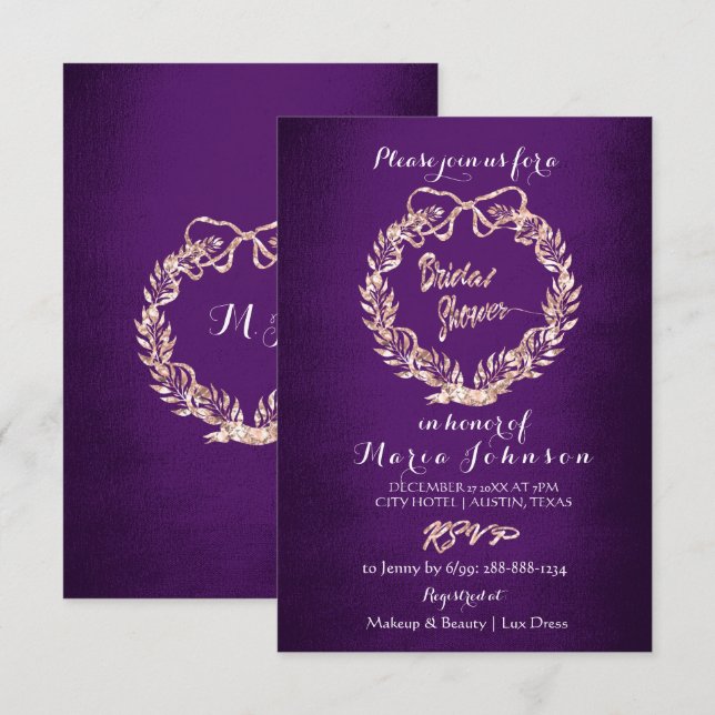 Brautparty Floral Wreath Rose Gold Lila Platin Einladung (Vorne/Hinten)
