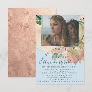 Brautparty Foto Floral Birthday Blue Peach Einladung