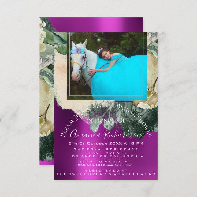 Brautparty Foto Rosa Blütengebirge Einhorn Einladung (Vorne/Hinten)