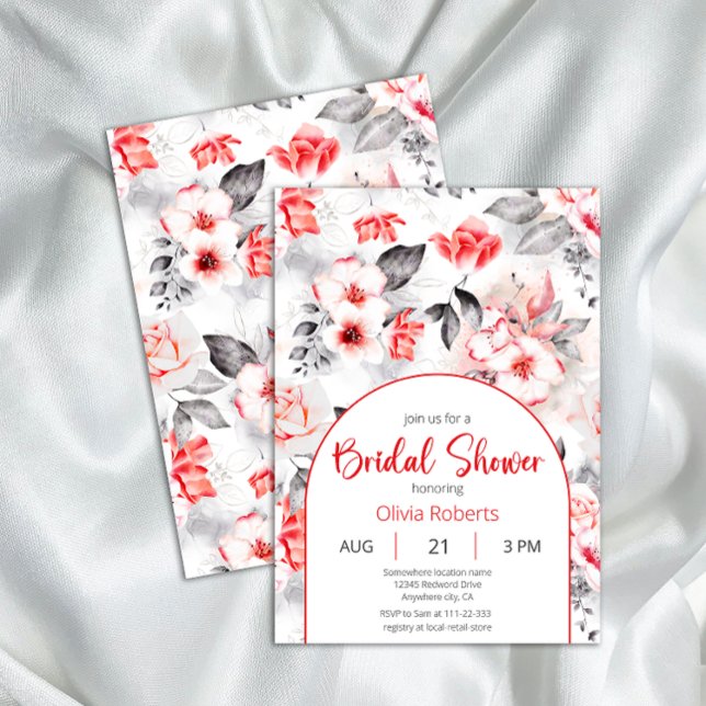Brautparty für Blume in Rot und Grau Einladung (Von Creator hochgeladen)