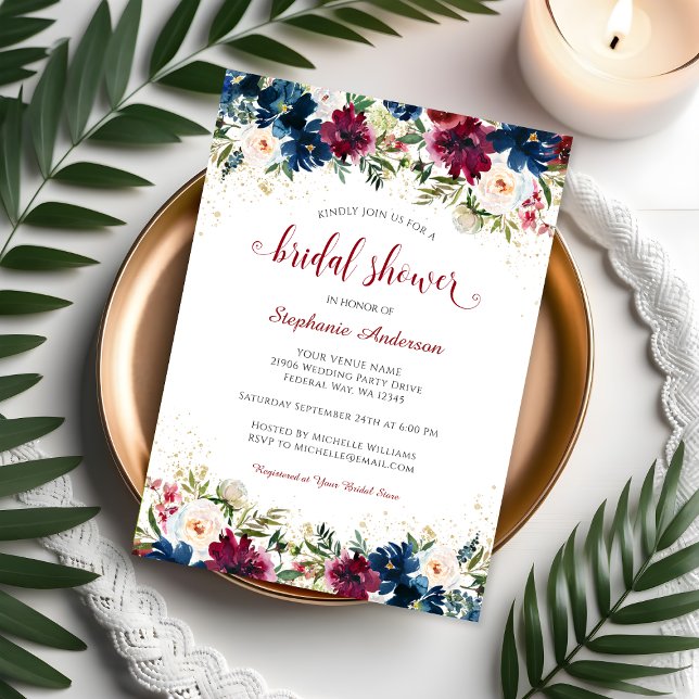 Brautparty für die Meeresflora des Burgund Einladung (Navy Burgundy Watercolor Floral Bridal Shower Invitation)