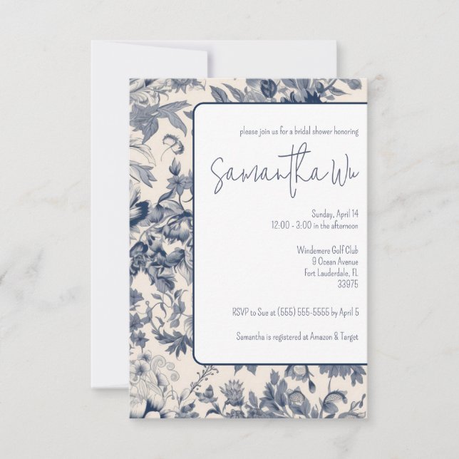 Brautparty für französische Toile in Blau Einladung (Vorderseite)