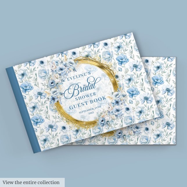 Brautparty für hellblaue Blume Gästebuch (Watercolor Light Blue Gold Flowers Bridal Shower Guest Book)