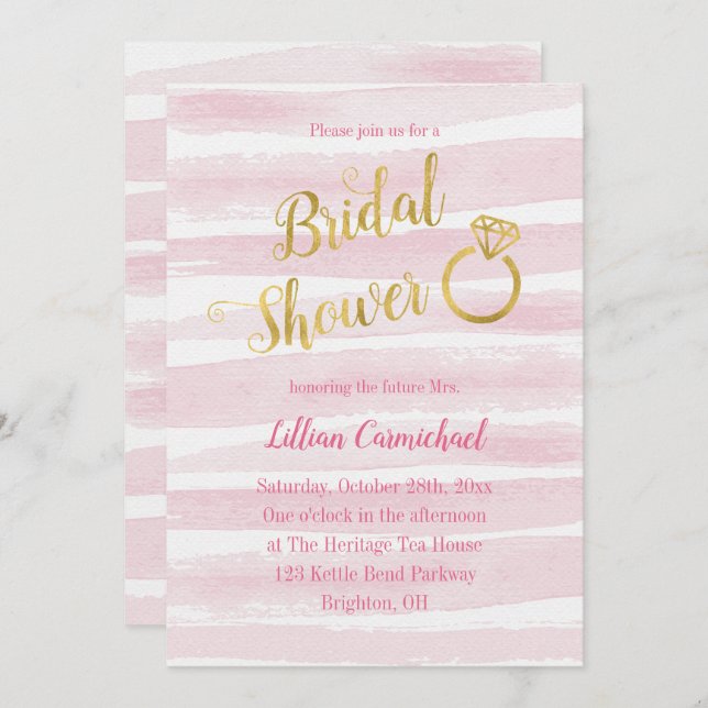 Brautparty für rosa und goldfarbene Streifen Einladung (Vorne/Hinten)