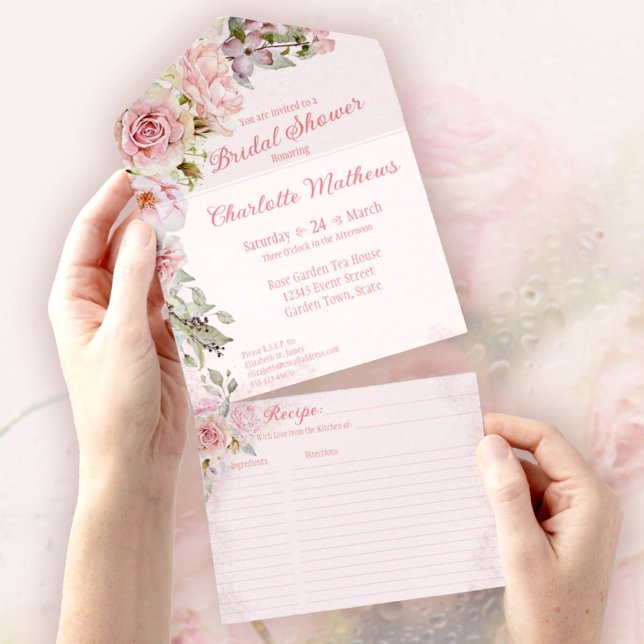 Brautparty für Rose in Rosa All In One Einladung (Pink Watercolor Roses Bridal Shower All In One Invitation, easy-to-tear-off perforated Recipe Card.)