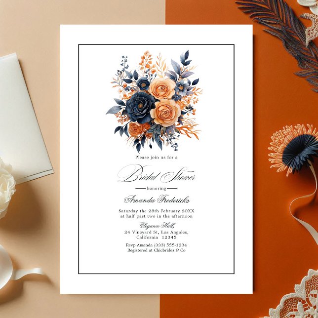 Brautparty für Seeschiffe und Orangefarbene Wasser Einladung (Navy and Orange Watercolor Floral Bridal Shower Invitation)
