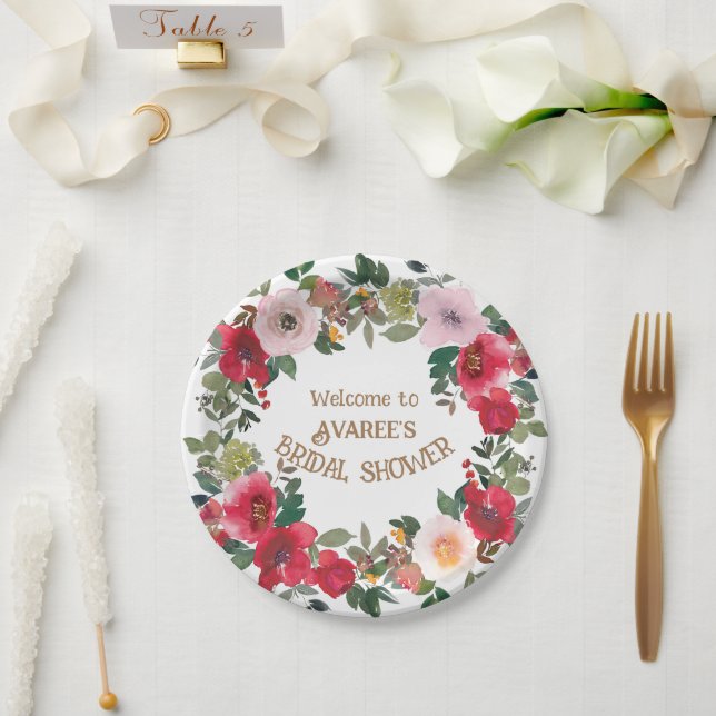 Brautparty für tiefrote und rosa Wasserfarben-Rose Pappteller (Hochzeit)