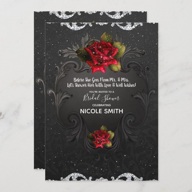 Brautparty für Vintage Rote Rosen Einladung (Vorne/Hinten)