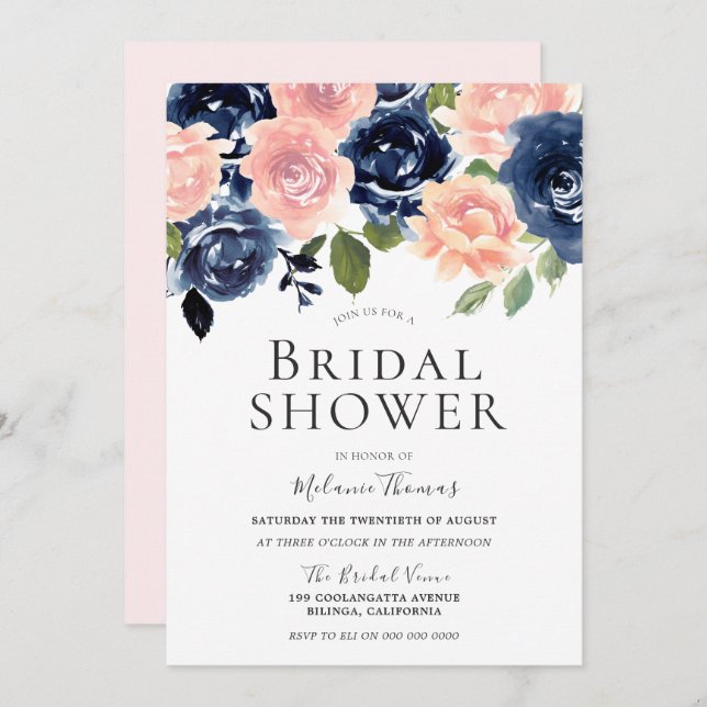 Brautparty für Wasserfarben, handgestrichen und bl Einladung (Vorne/Hinten)