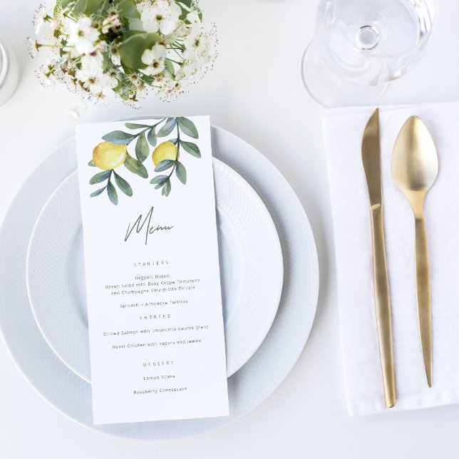 Brautparty für Wasserfarben Menükarte (Main squeeze Lemon theme Bridal Shower Menu with watercolor lemon and greenery illustration)