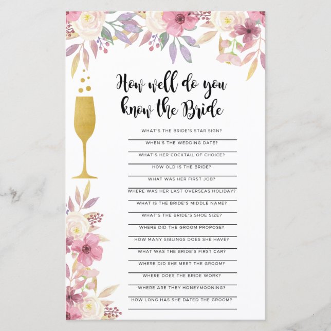 Brautparty Game Kennen Sie den Bride Champagne (Vorderseite)
