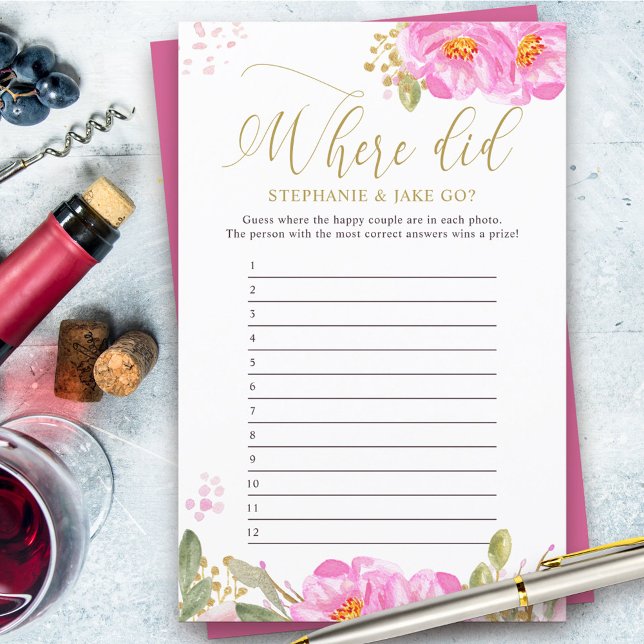 Brautparty Game Pink Floral Wo sind sie hingegange (Couples Shower photo game answer card from my Pink and Gold Watercolor Floral Collection)
