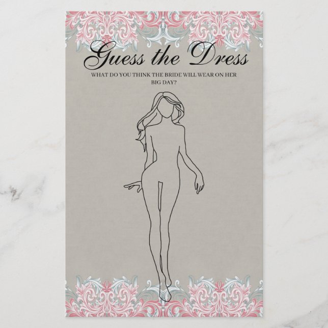 Brautparty Game Pink Scrolls Raten Sie das Kleid Flyer (Vorne)