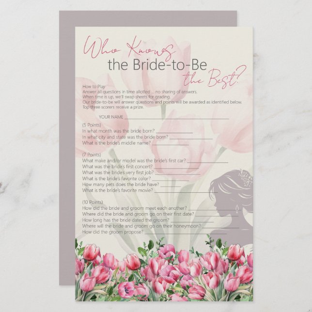 Brautparty Game Pink Tulips, die die besten kennt Briefpapier (Vorne/Hinten)