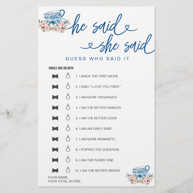 Brautparty Game sagte er sagte, sie sagte raten (Vorderseite)