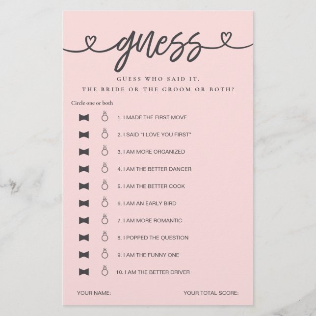 Brautparty Game sagte er sagte, sie sagte raten (Vorderseite)