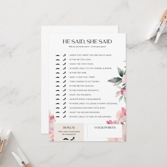 Brautparty Game, sagte er, sie sagte rosa Flora Einladung (Vorderseite/Rückseite Beispiel)