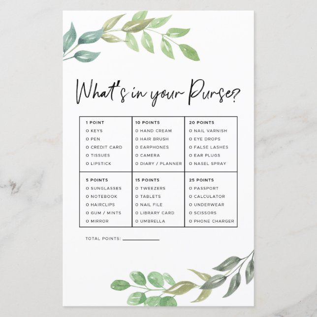 Brautparty Game, was in Ihrer puristischen Grünanl (Vorderseite)