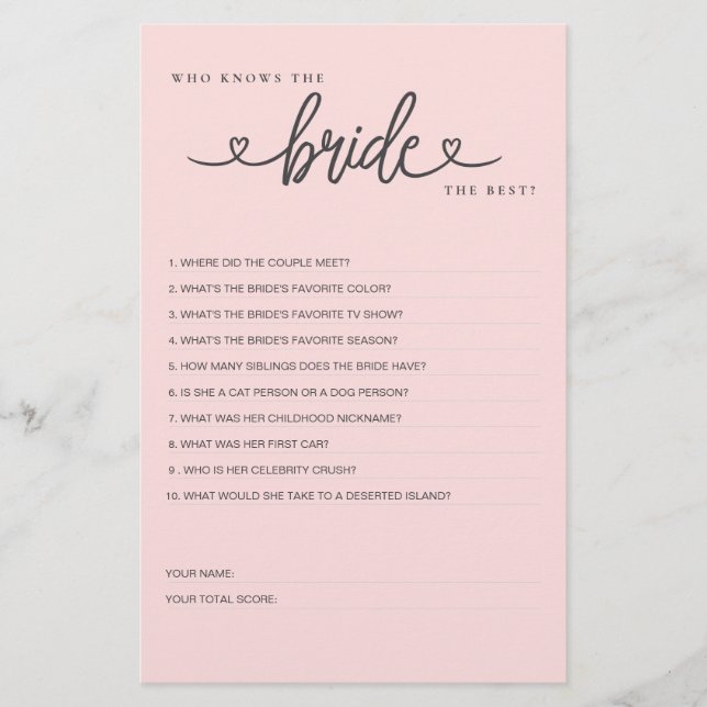 Brautparty Game Wer kennt die Braut die Besten? (Vorderseite)