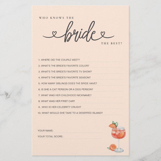 Brautparty Game Wer kennt die Braut die Besten? (Vorderseite)