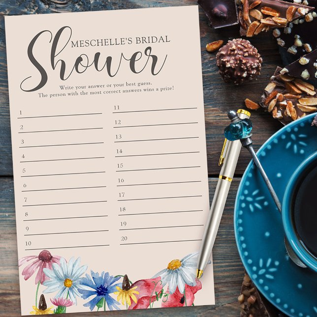 Brautparty Game Wildblume Charm Answer Card (DIY Bridal Shower Game or Baby Shower game answer sheet from my Wildflower Charm collection)