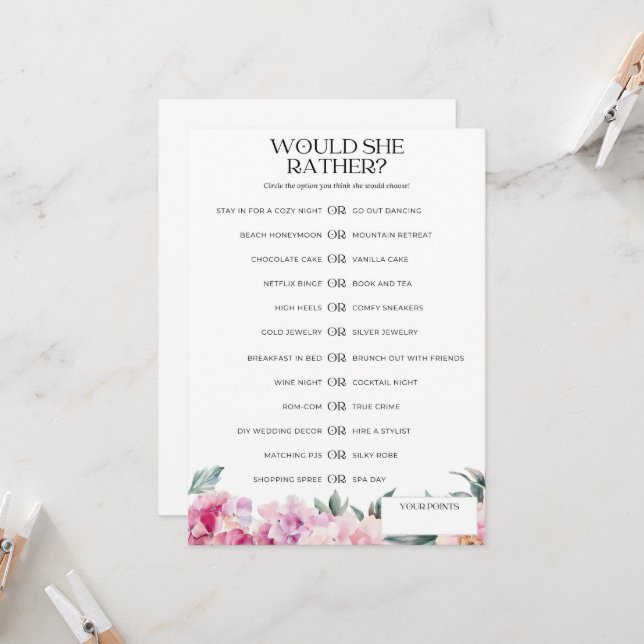 Brautparty Game würde sie eher pinkfarben floral" Einladung (Vorderseite/Rückseite Beispiel)