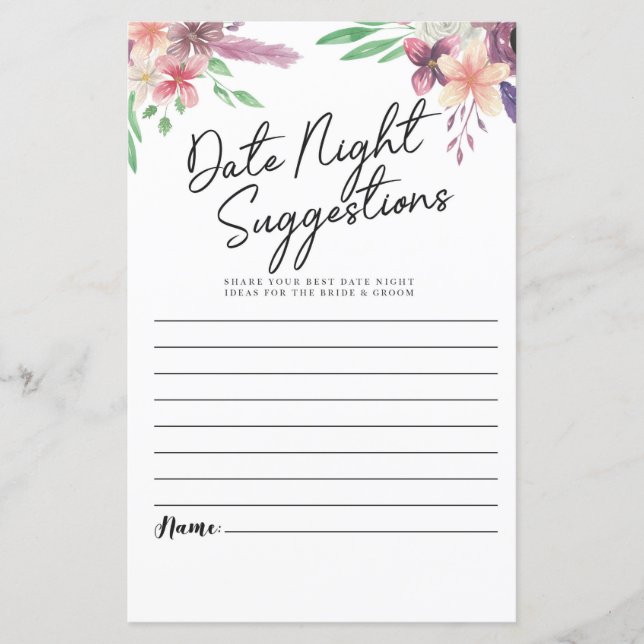 Brautparty Games Date Night Suggestions Floral (Vorderseite)