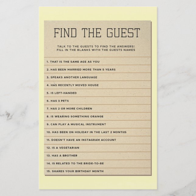 Brautparty Games Finden Sie die Guest Library Card (Vorderseite)