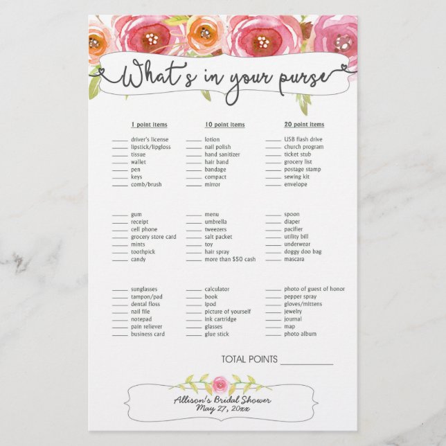 Brautparty Games purse bingo, rosa Blumengestein 3 (Vorderseite)