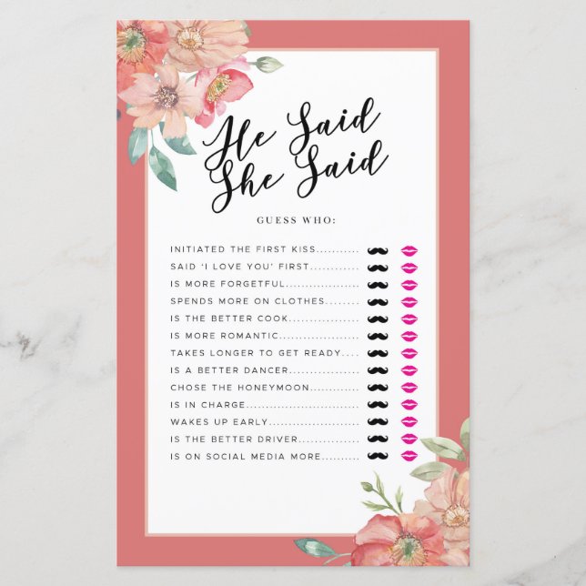 Brautparty Games, sagte er, sie sagte Game Floral (Vorderseite)