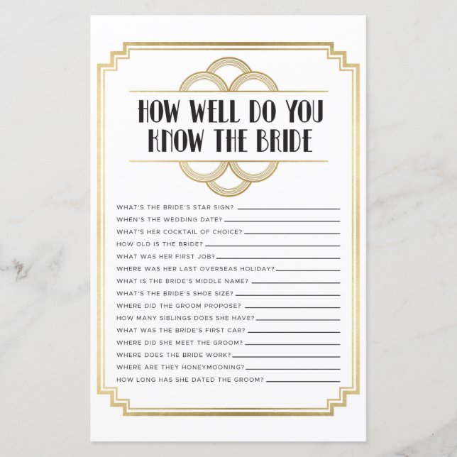 Brautparty Games wie gut kennen Sie Art Deco (Vorderseite)