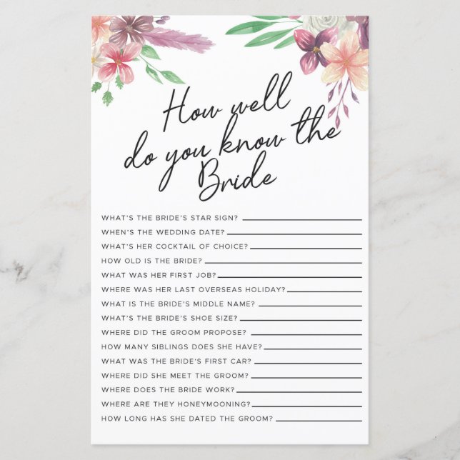 Brautparty Games wie gut kennen Sie die Braut (Vorderseite)
