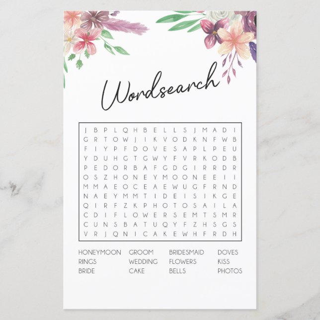 Brautparty Games Word Search Game Pink Floral (Vorderseite)