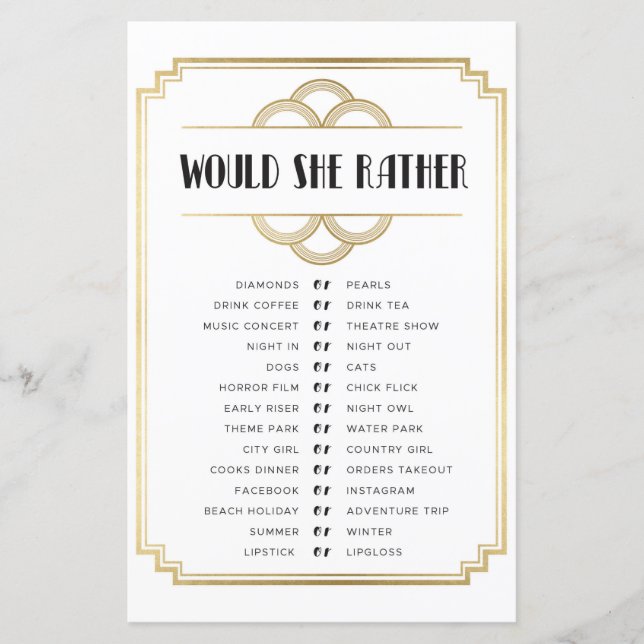 Brautparty Games würden sie eher spielen Art Deco (Vorderseite)