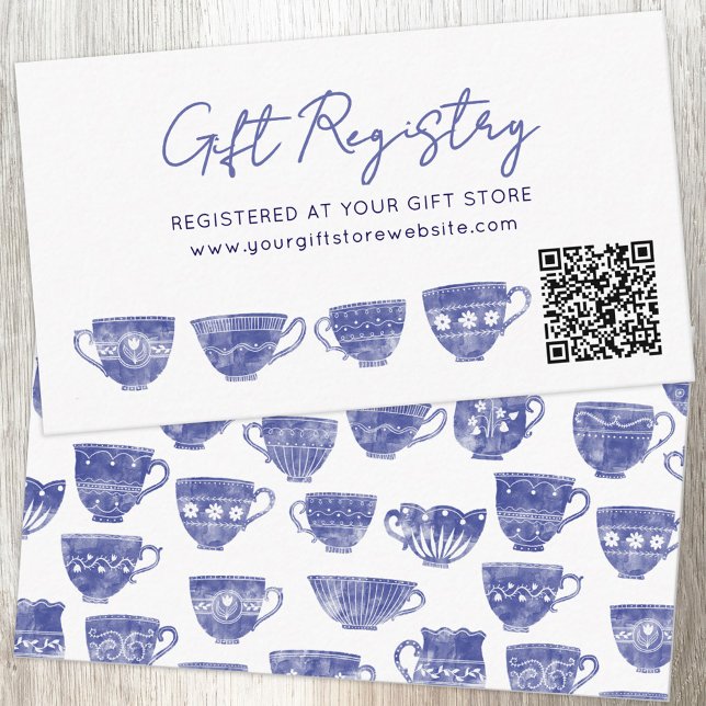 Brautparty-Geschenkregistrierungs-QR-Code in Vinta Begleitkarte (Bridal shower gift registry custom text QR code enclosure card blue watercolor teacup tea party)