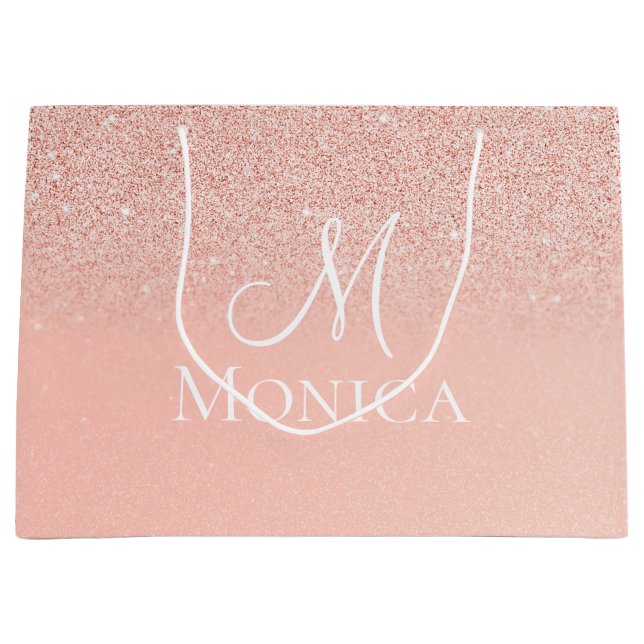 Brautparty Glitzer Baby Pink Monogram Geschenkbeut Große Geschenktüte (Vorderseite)